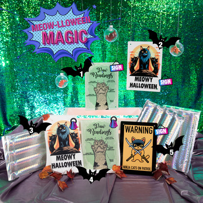 Halloween cat-themed decorations with signs and banners on a glittery green background.