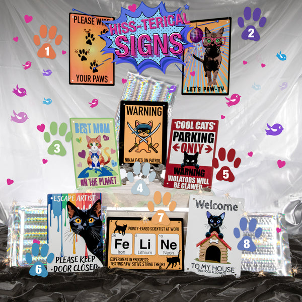 Collection of humorous cat-themed signs on a white background with paw prints and hearts.