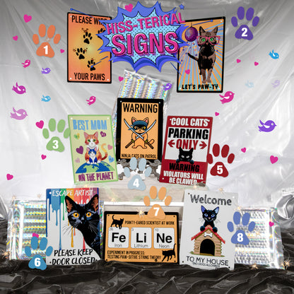 Collection of humorous cat-themed signs on a white background with paw prints and hearts.